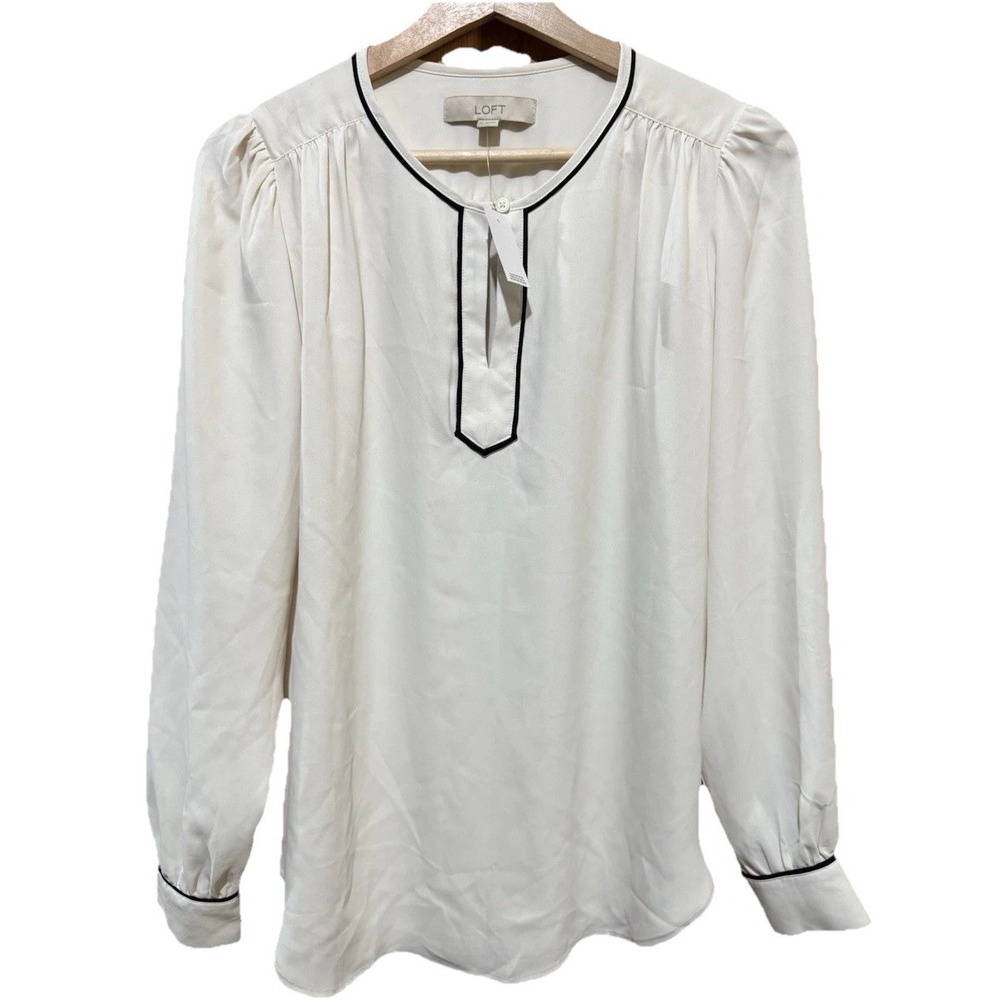 LOFT Beige Black Long Sleeve Blouse‎ Size XS NWT